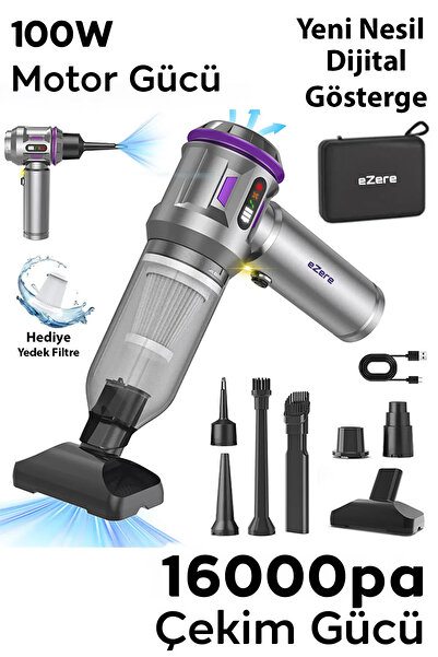 EZERE 16000Pa Güçlü Dijital Göstergeli Vakumlu Kablosuz Üflemeli Mini Araç Süpürgesi GÜMÜS Uyumlu