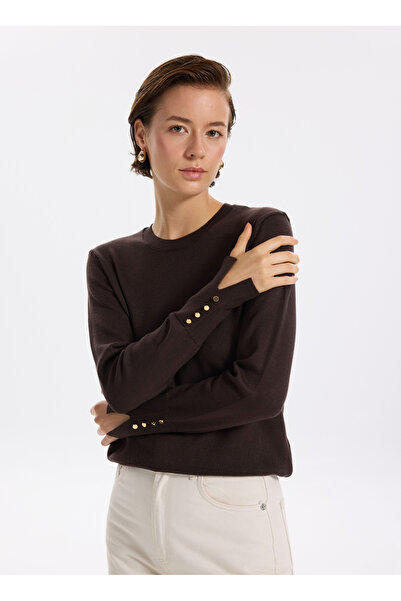 Fabrika Bisiklet Yaka Basic Düz Koyu Kahve Kazak Kadın PAGOSA