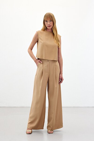 Sateen Wide Leg Pants - Camel