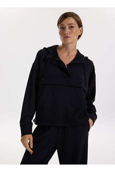 Fabrika Kapüşon Yaka Düz Siyah Kadın Sweatshırt F5WL-SWT0407