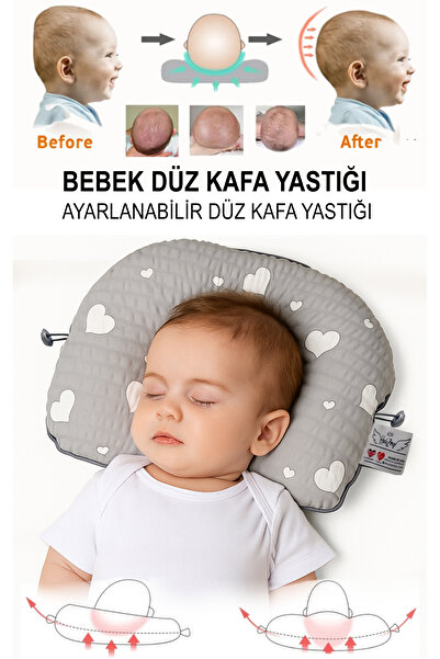 HALZEY Düz Kafa Yastığı & Bebek Yastığı %100 Pamuk, Terletmez, Gri Kalp Desenli