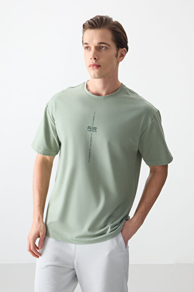 AIR JONES Ανοιχτό πράσινο βαμβακερό παχύ ανδρικό μπλουζάκι με μαλακή υφή εμπριμέ ανδρικό μπλουζάκι - 88373