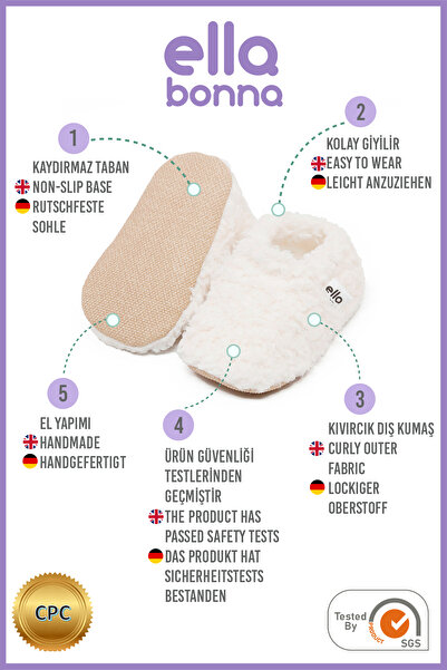 Ella Bonna Off-White Teddy Baby Shoes - Home Nursery Shoes with Non-Slip Sole and Organic Cotton Lining