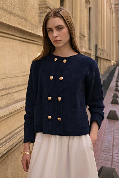 Hooopstore Navy Blue Feather Cardigan - Gold Button Detail