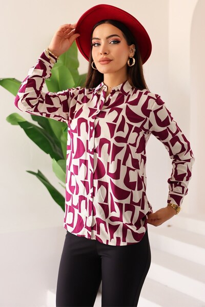 Kübra Tekstil Γυναικείο μακρυμάνικο πουκάμισο με μοτίβο μπορντό, μακρυμάνικο πουκάμισο, γυναικείο πουκάμισο