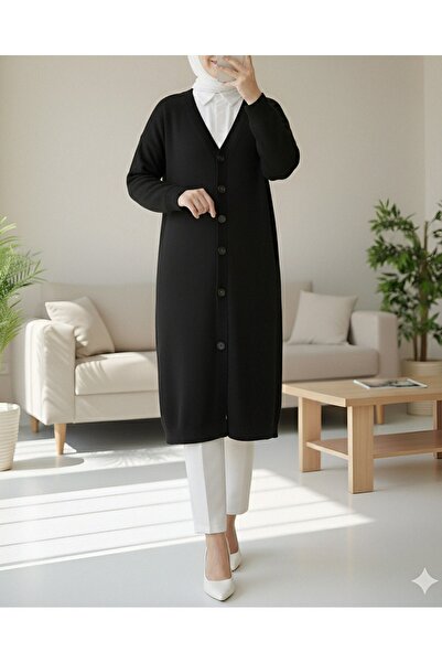 Modamorfo Corded Fabric long cardigan with buttoned fabric - black