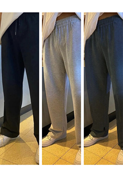 EydaMoon Pantaloni de trening pentru bărbați, negru-gri-afumat, largi, cu pic...