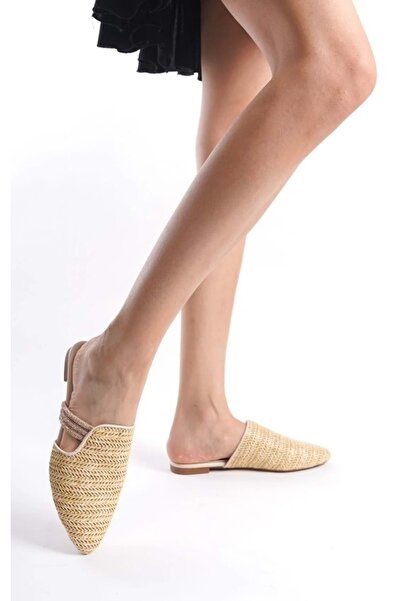 Kocamanlar Ayakkabı Feles Thin Sole Straw Detailed Women's Slippers Ten