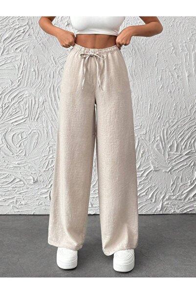 ZEYNEP RANA Women's Linen Blend Elastic Drawstring Wide Leg Pants with Pockets
