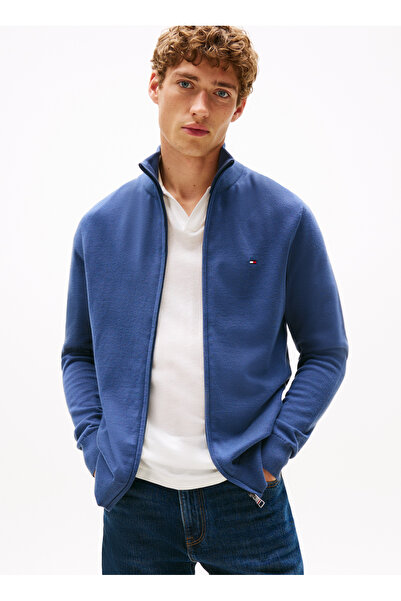 Tommy Hilfiger Erkek Fermuarlı Dik Yaka Pamuklu Triko Hırka - Mavi