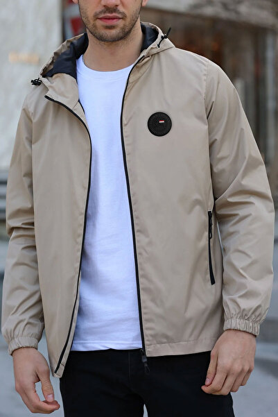 Goccix Erkek Bej Astarlı Kapüşonlu Cepli Yağmurluk - Rüzgarlık Ceket