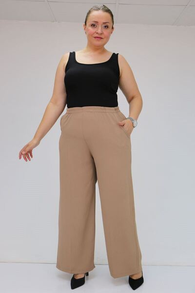 Eslina 59014 Plus Size Elastic Waist Wide Leg Pants - Mink