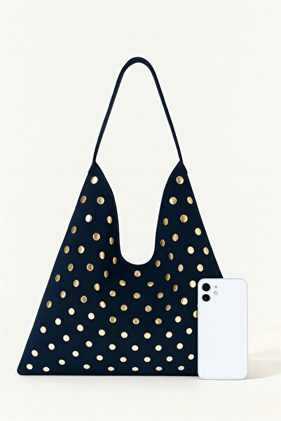 ESTUTE Lüks Suet Deri Gold Taşlı İkonik Üçgen Omuz Çantası