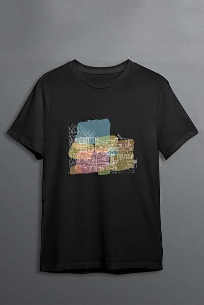 Justime Design Neighborhood Waltercolor Front Print Oversize Cotton Crew Neck...