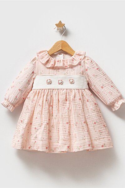 MixMax Bebe Kız Bebek Patchwork Özel Tasarım Somon Renk Elbise