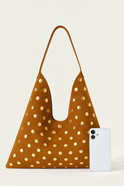 ESTUTE Luxury Suede Leather Gold Stone Iconic Triangle Shoulder Bag