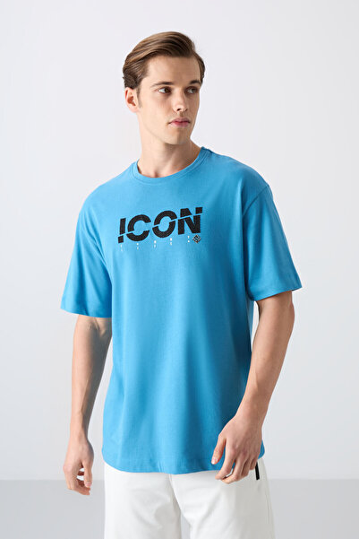 TOMMY LIFE Ανδρικό μπλουζάκι βενζινοκίνητο μπλε βαμβακερό χοντρό μαλακό ανάγλυφο με στάμπα μεγάλου μεγέθους - 88331