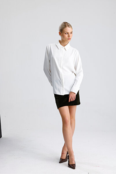 Sense Γυναικείο πουκάμισο με μακρυμάνικο κρυφό πατιλέτα από ύφασμα Dubai |   GML36145 Λευκό