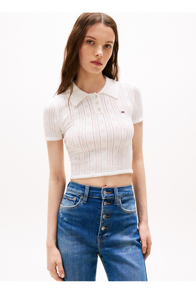 Tommy Jeans Yuvarlak Yaka Standart Düz Ekru Kazak Kadın DW0DW20965YBL