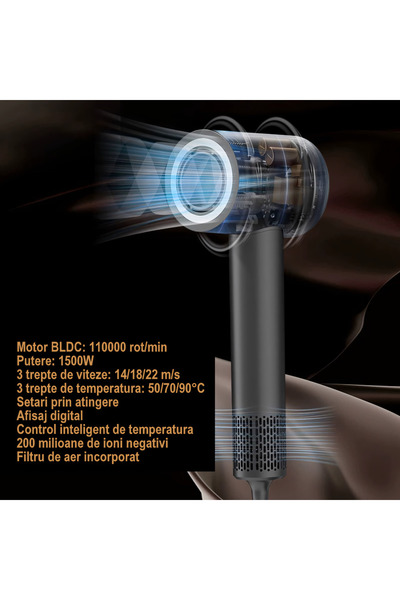HYDER Professional Hair Dryer, 1500W, 3 speeds, 22m/s, Digital control, 200 million ions, BLDC motor