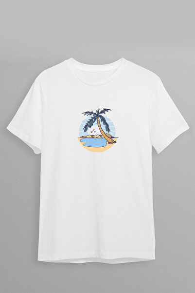 Justime Design Beach Vector Front Print Oversize Cotton Crew Neck Unisex T-Shirt