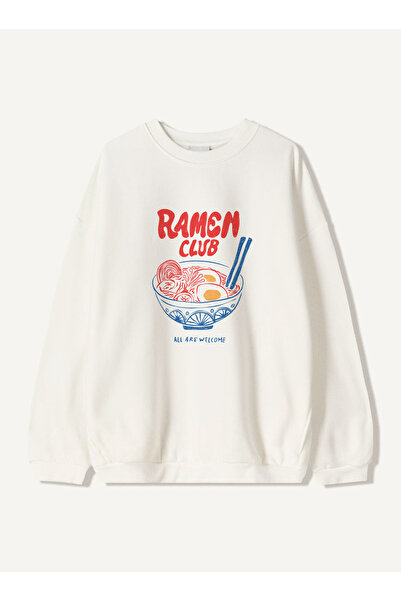 Disante سويت شيرت للجنسين بمقاس كبير مطبوع عليه رامين – ياقة دائرية، 3 خيوط م...