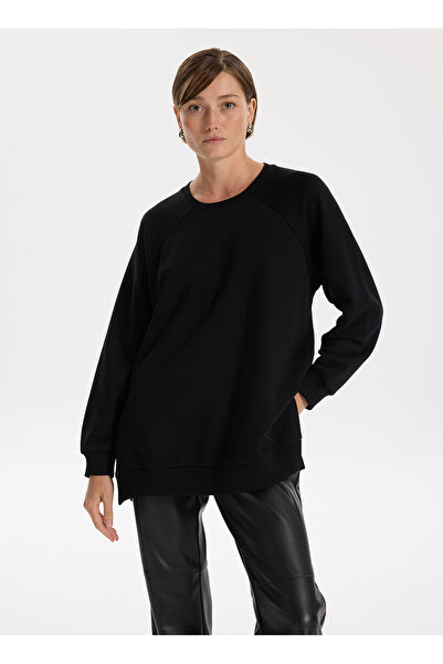 Fabrika Bisiklet Yaka Düz Siyah Kadın Sweatshırt FALU-Y