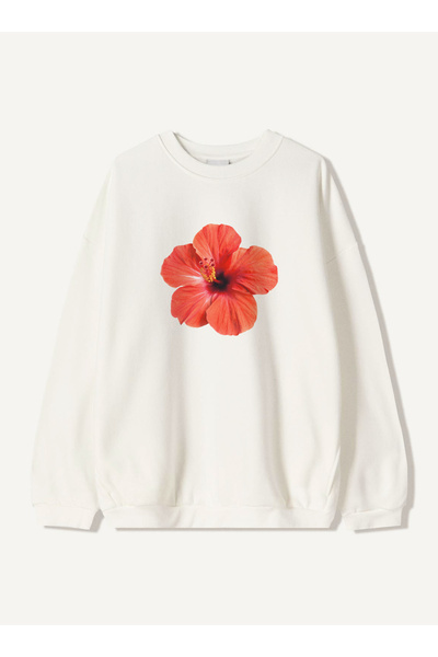 Disante Hanorac unisex oversize cu imprimeu roșu hibiscus – decolteu crew, fl...