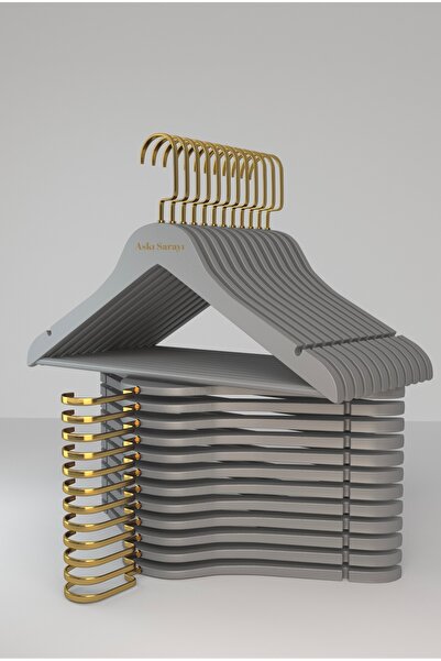 askı sarayı Gri Ahşap Kıyafet Ve Elbise Askısı Özel Gold Amerikan Kanca 24 Adet (Premium Özel Seri )