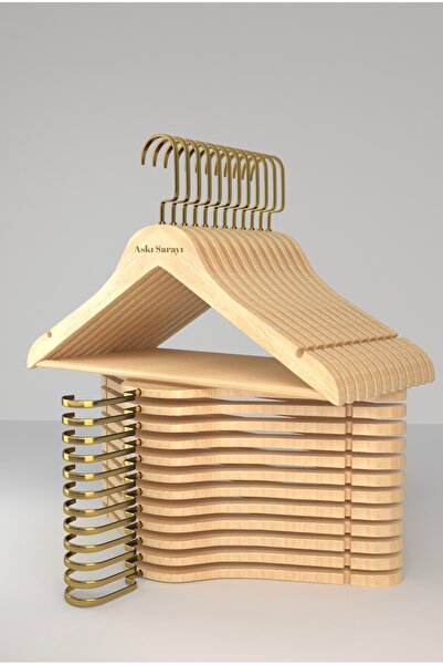 askı sarayı Naturel Ahşap Kıyafet Ve Elbise Askısı Özel Gold Amerikan Kanca 12 Adet (Premium Özel Seri )