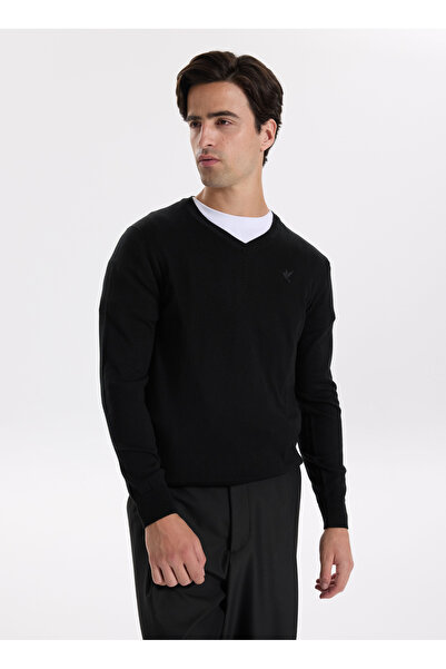Fabrika V Yaka Basic Düz Siyah Erkek Kazak F5WM-KZK 2557