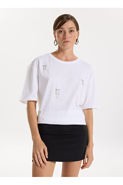 Fabrika Bisiklet Yaka Taşlı Beyaz Kadın T-Shirt F5WL-TST0246