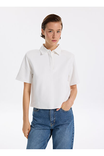 Fabrika Polo Yaka Düz Beyaz Kadın Bluz F5WL-TST0480