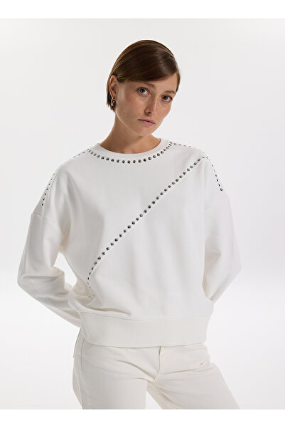 Fabrika Bisiklet Yaka Taşlı Beyaz Kadın Sweatshırt F5WL-SWT0033