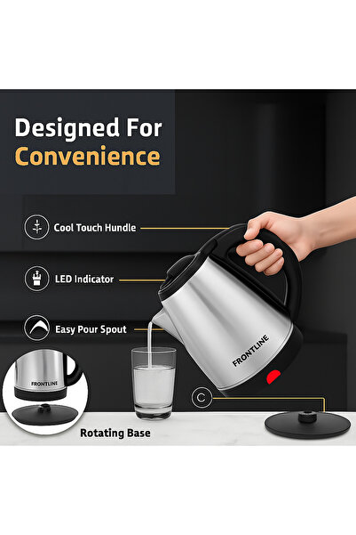 FRONTLINE Stainless Steel Electric Kettle 1.8 Liter, 1500W Fast Boil, Auto Shut-Off, Boil-Dry Protec