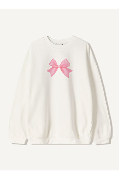 Disante سويت شيرت نسائي كبير الحجم مطبوع بشريط – ياقة دائرية، 3 خيوط من الصوف