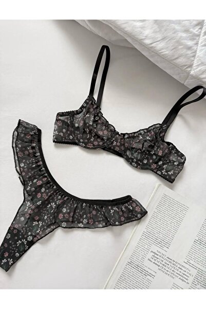 Fanwet Women's Floral Pattern Underwire Tulle Fantasy Thong Panty Bra Set