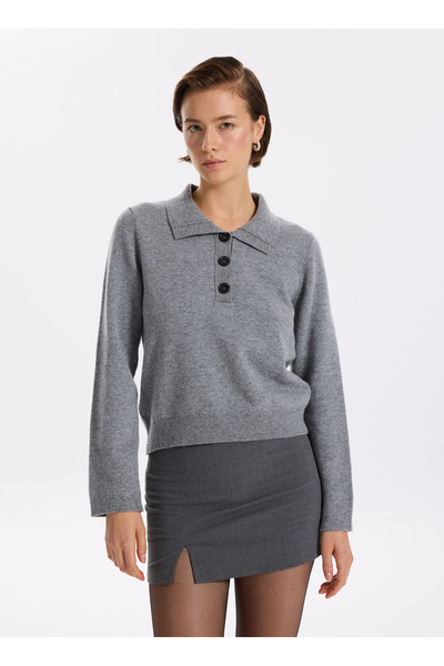 Fabrika Polo Yaka Dar Düz Gri Melanj Kazak Kadın F5WL-KZK0023