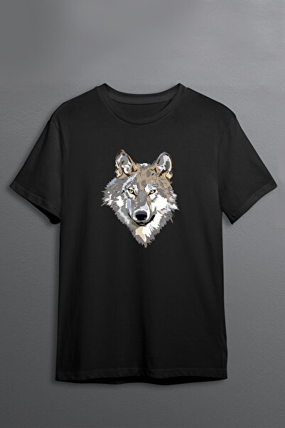 Justime تي شيرت بتصميم وولف مطبوع من الأمام مصنوع من القطن برقبة دائرية للجنسين