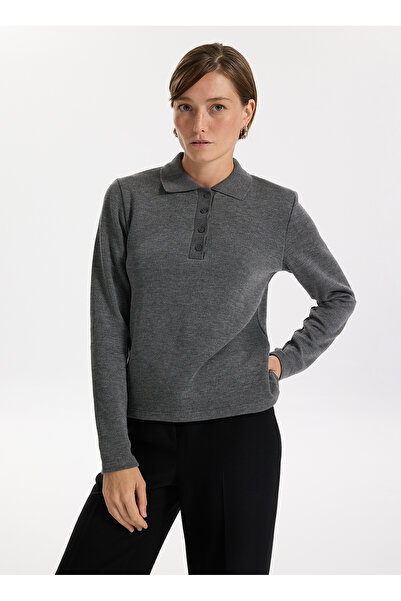 Fabrika Polo Yaka Slim Fit Düz Gri Melanj Kazak Kadın F5WL-KZK0412