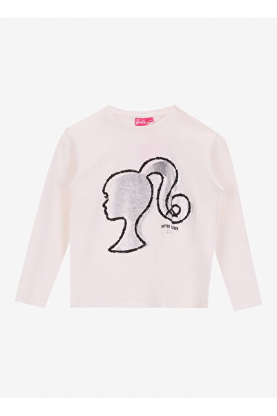 Barbie Varaklı Ekru Kız Çocuk T-Shirt BRB5WG-TST6640