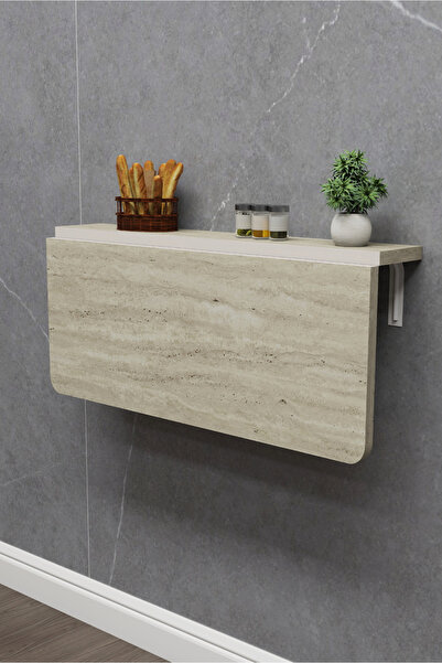 Kydonia Home 60x90 cm İskandinav Tarzı Duvara Monte Raflı Katlanır Masa – Traverten Desenli