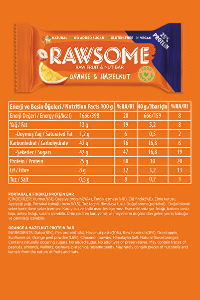 Rawsome Portakal Ve Fındıklı Glutensiz Ve Vegan Yüksek Proteinli Bar 40g X 16 Adet