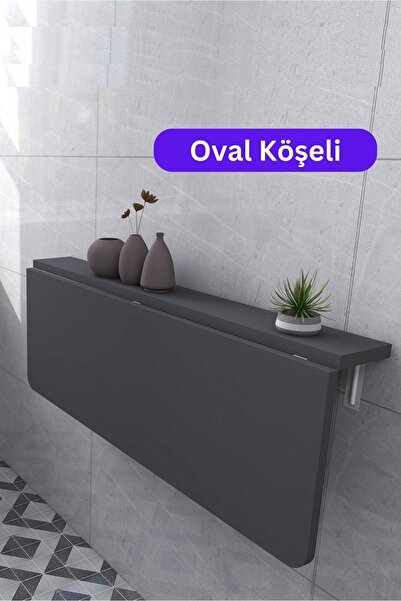 Kydonia Home 60x110 cm Oval Köşeli Antrasit Sabit Raflı Duvara Monte Kırma Katlanır Masa