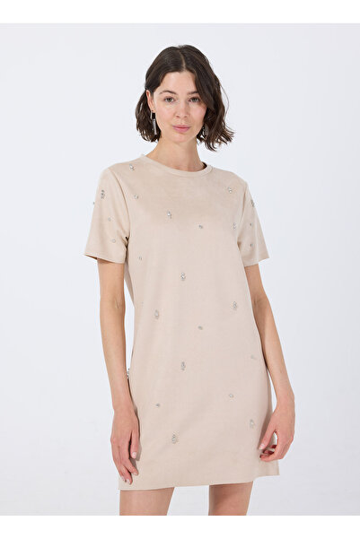 Fabrika Bisiklet Yaka Taşlı Bej Mini Kadın Elbise F5WL-ELB0114