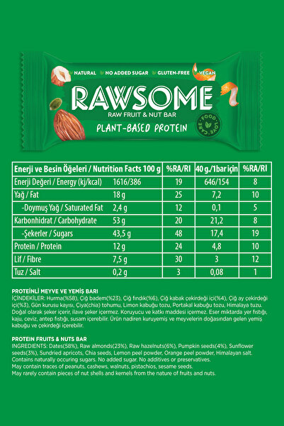 Rawsome Vegan Protein Bar Glutensiz 40g X 16 Adet