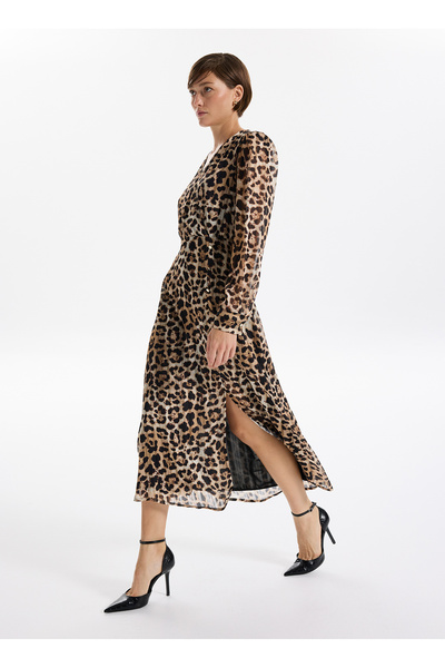 Fabrika V Yaka Desenli Bej - Siyah Mini Kadın Elbise F5WL-ELB0362