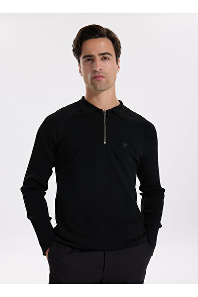 Fabrika Polo Yaka Slim Fit Düz Siyah Erkek Kazak F5WM-KZK 2323