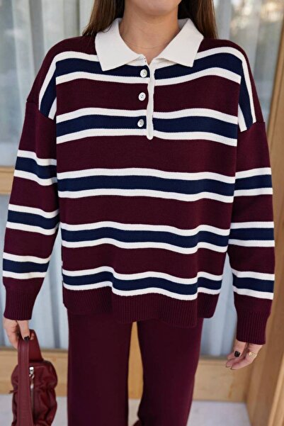 Bak'ap Buttoned Polo Neck Striped Knitwear Sweater