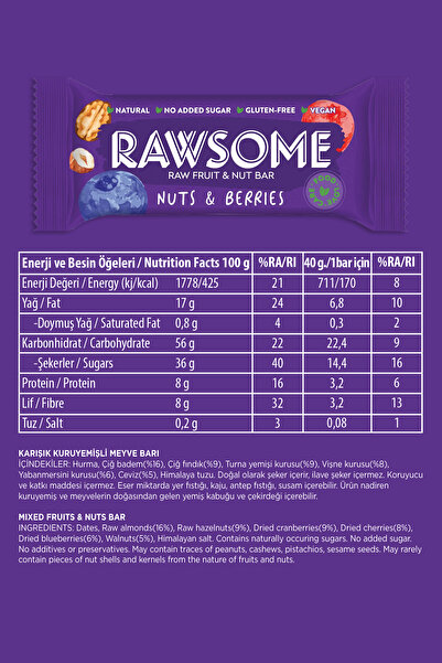 Rawsome Orman Meyveli Glutensiz Ve Vegan Kuruyemiş Barı 40g X 16 Adet